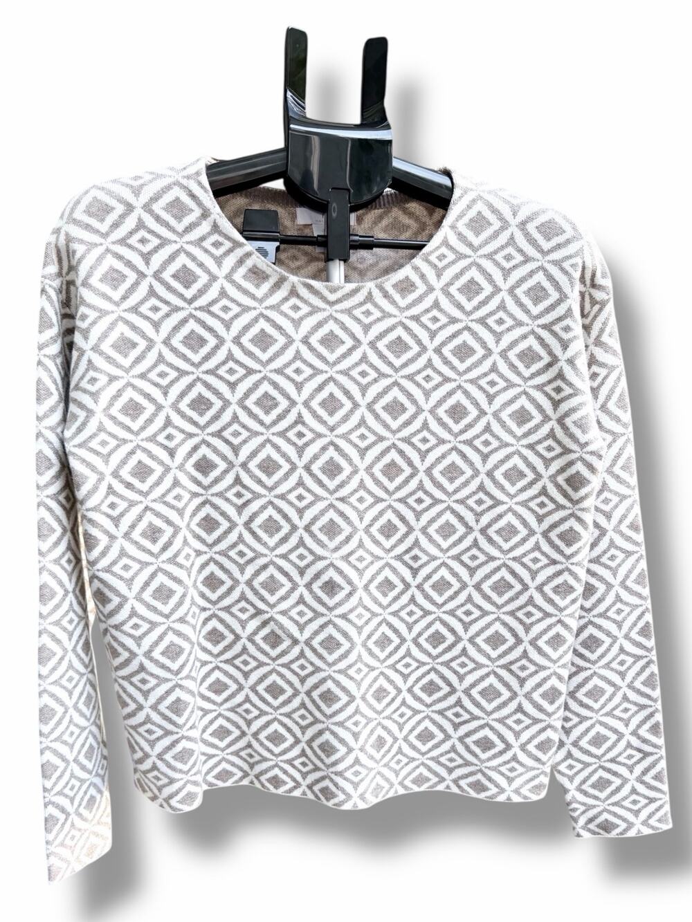 H by Halston Geometric Diamond Knit Sweater Taupe Ivory Size S Elevated Neutral